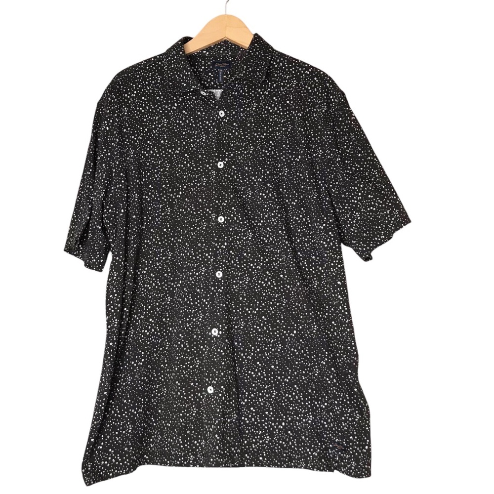 Good Man Brand Button Front Short Sleeve Shirt Cotton Blend Stretch Black Dot XL